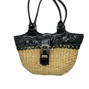 Bingham Straw Purse Women's Beige Black Tote Buckle Lightweight Hand Bag